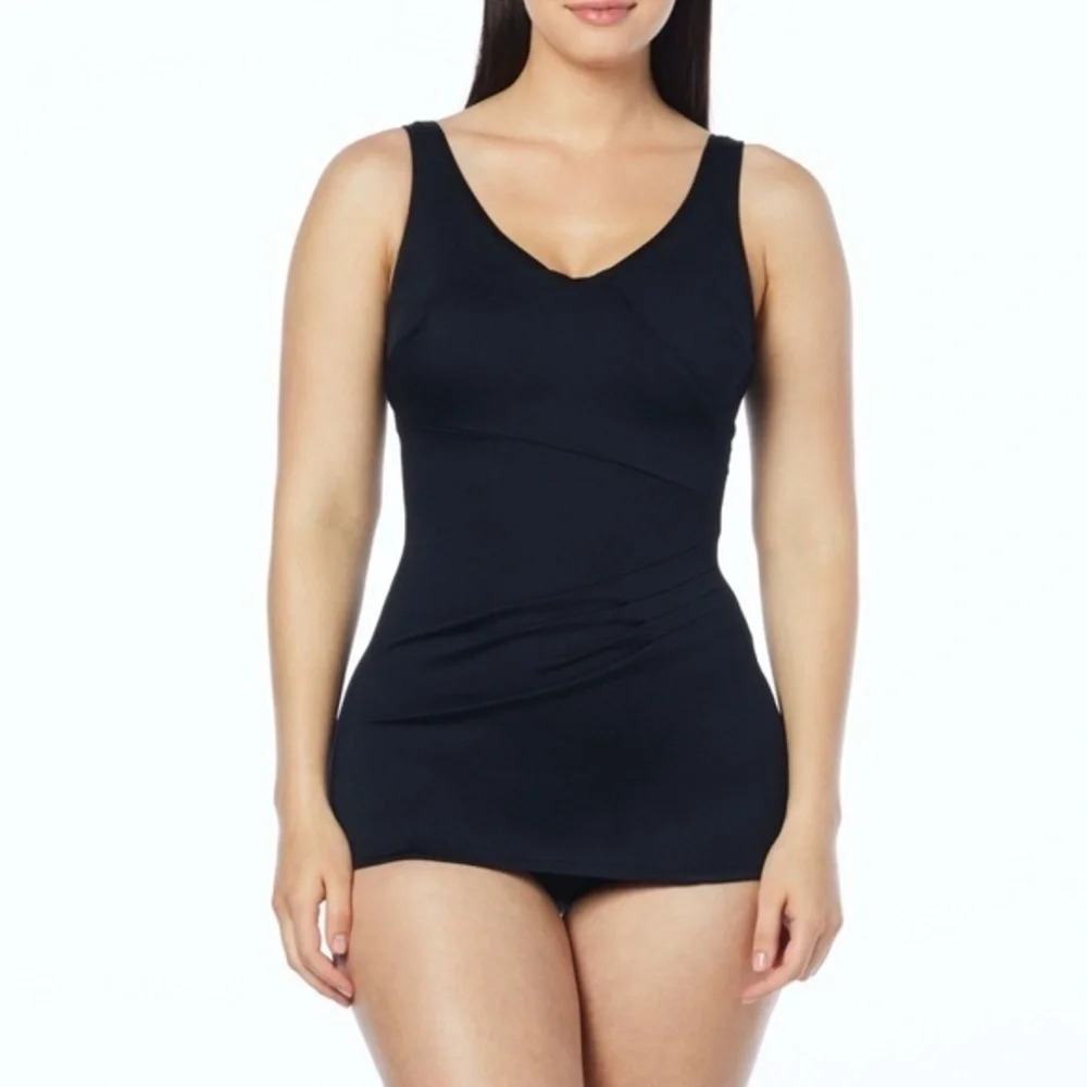 Roxanne Pleat Sheath Soft Cup One Piece Black Swim Suit bathing 32B New w Tags